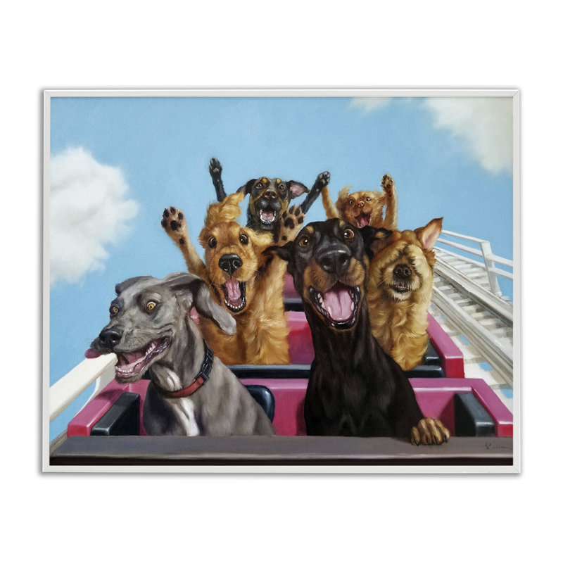 Dogs Riding Roller Coaster Funny Amusement Park, 24" H x 30" W, Coastal White Framed Giclee