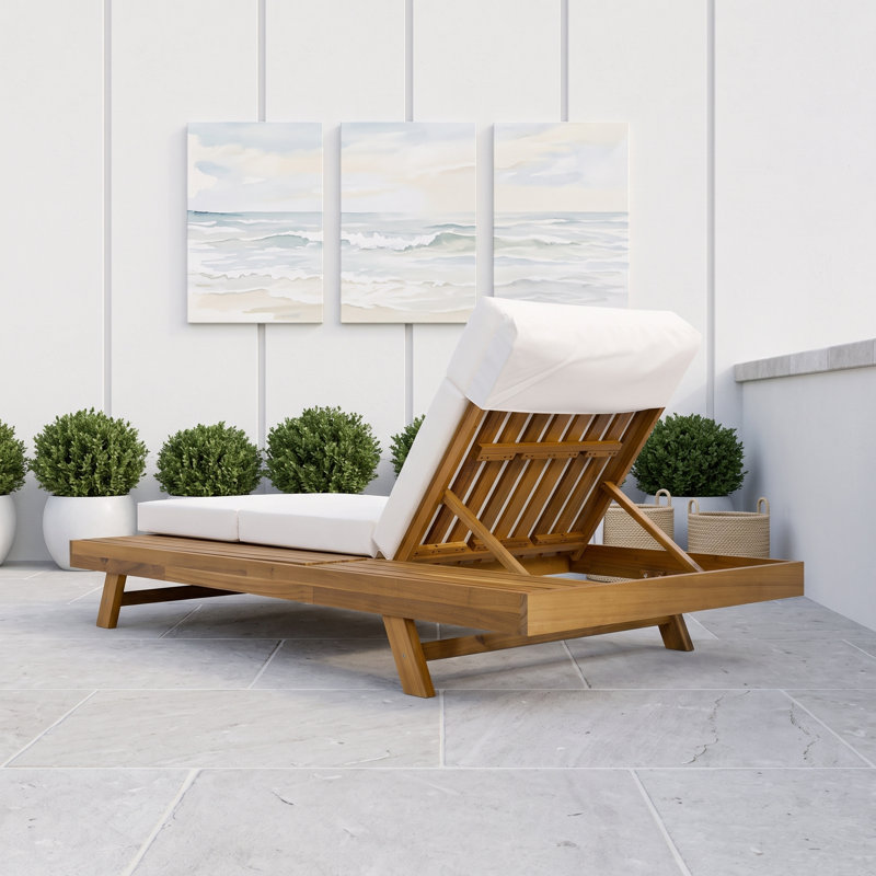 Ensemble de chaises longues en bois avec coussins et appui-tête, Teck crème