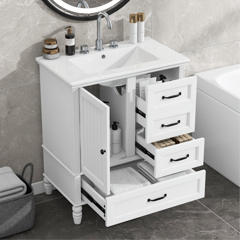 Meuble-lavabo avec lavabo, armoire de salle de bain avec porte et trois tiroirs