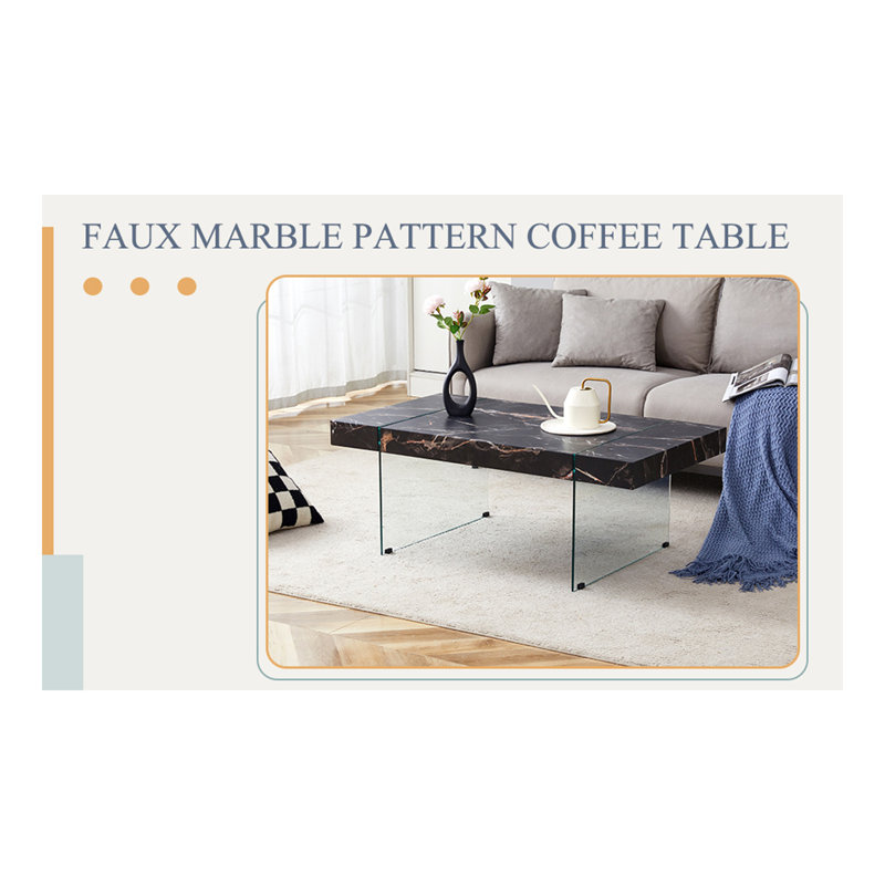 43.3"X23.6" Black Marble-Patterned MDF Coffee Table With Tempered Glass Legs.Suitable For Living Room.It Can Be Used Not Only As A Coffee Table But Also As A Side Table Or Display Stand.