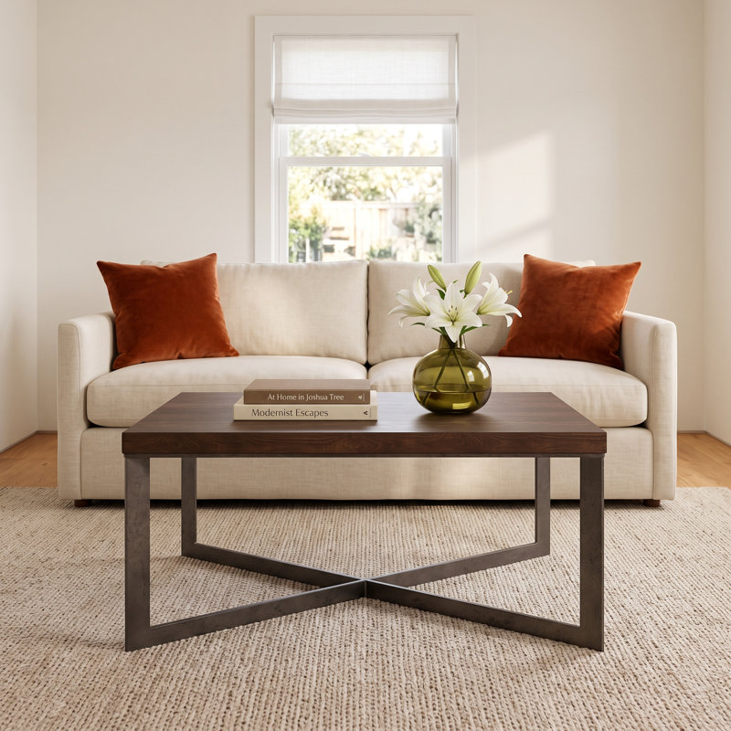 Tulane Solid Wood Top Coffee Table, Nickel/Medium Brown