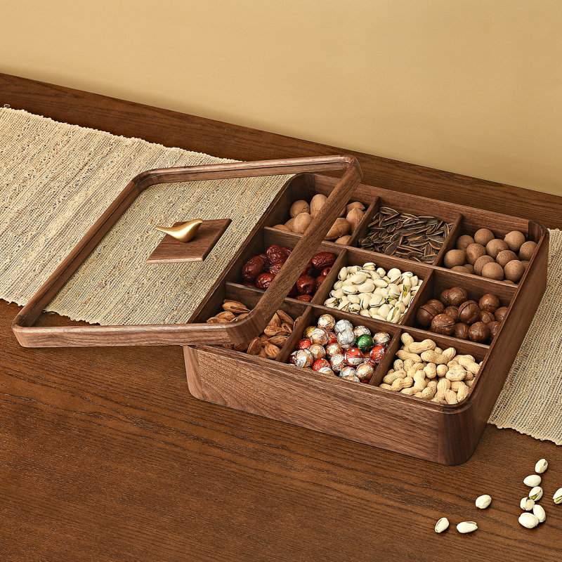 Black Walnut Wood Snack Serving Tray, 9 Compartments Glass Lid Organizer for Candy, Nuts, Chips.