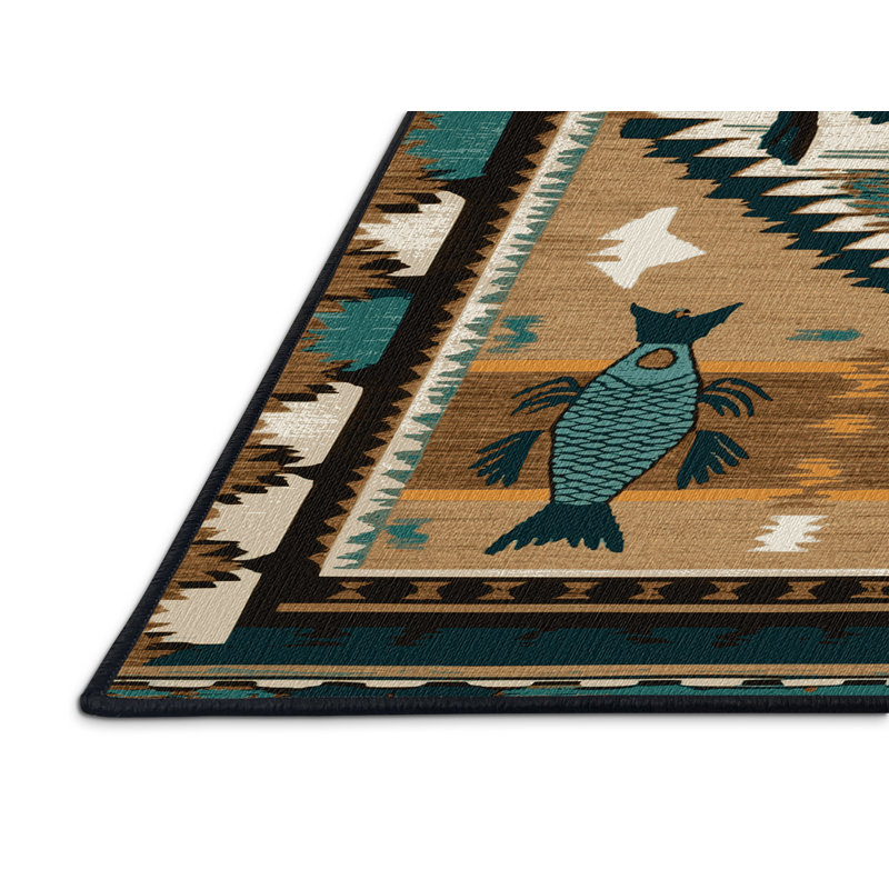 Washable Fish Southwestern Area Rug, Round 7'