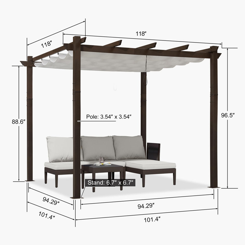 Pergola en aluminium mauve avec auvent, Blanc, H 96,5 po x l 118 po x P 118 po