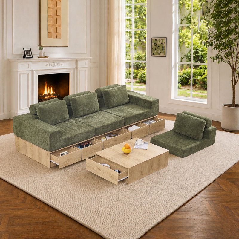 Canapé modulaire avec tiroirs de rangement, canapé multifonctionnel en forme de L avec base d'armoire intégrée et conception de table basse, ensemble de canapé convertible combiné, canapé rembourré moderne pour le salon