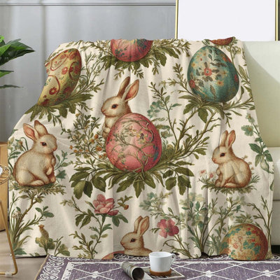 Couverture à motif floral Vintage Lapin de Pâques - Jeté en flanelle douce avec lapin, tulipes, jonquilles en rose pastel, vert, - couverture douillette toutes saisons pour canapé, lit, voyage, camping