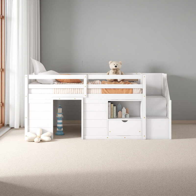 TWIN BED, SOLID WOOD TWIN SIZE LOW LOFT BED WITH STAIR, DRAWER, AND SHELF, White