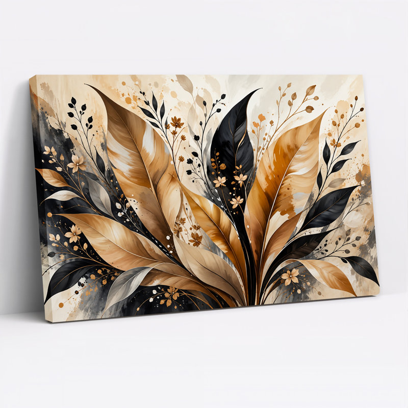 Toile abstraite, feuilles dorées et noires avec jets floraux, H 20 po x l 30 po