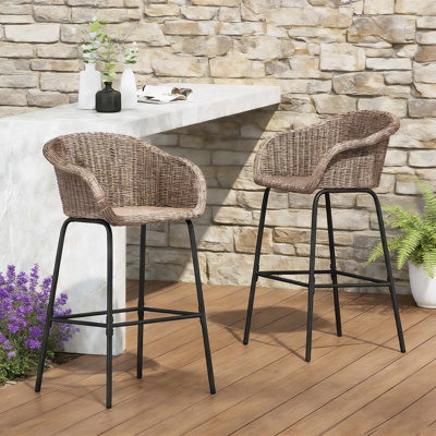Tabouret de bar d'extérieur en osier brun clair, ensemble de 2