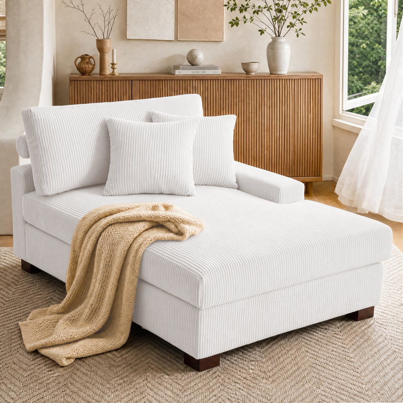 Milbrey Oversized Upholstered Beige Corduroy Chaise Lounge with Armrests & Throw Pillows, Beige, Right Hand Facing, Corduroy