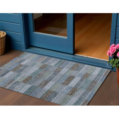 Tapis extérieur lavable rayé bleu 3 pi x 5 pi bleu