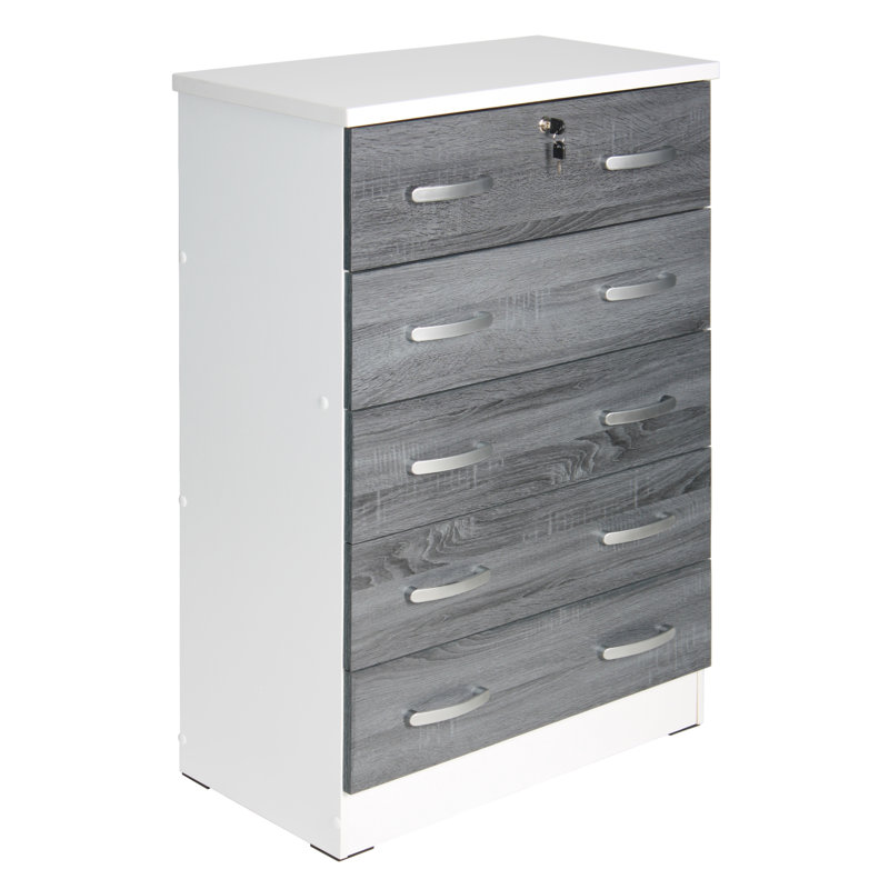 Commode 5 tiroirs Luker, Blanc / gris