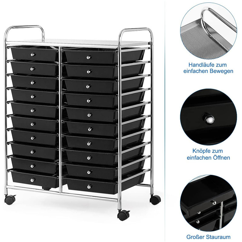 Halethorpe 20 Drawer Storage Drawer with Locking Wheels, Black, Chrome