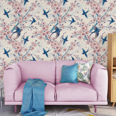 Blush Cherry Blossom And Bluebird Wallpaper Peel And Stick Roll Premium