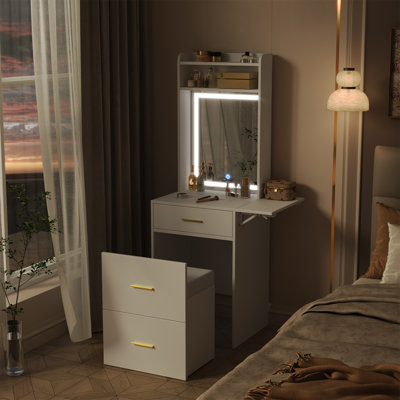 Petit meuble-lavabo avec miroir et lumière, coiffeuse avec station de charge et panneau rabattable pour les petits espaces, ensemble de coiffeuse à maquillage compact avec tabouret caché pour la chambre à coucher