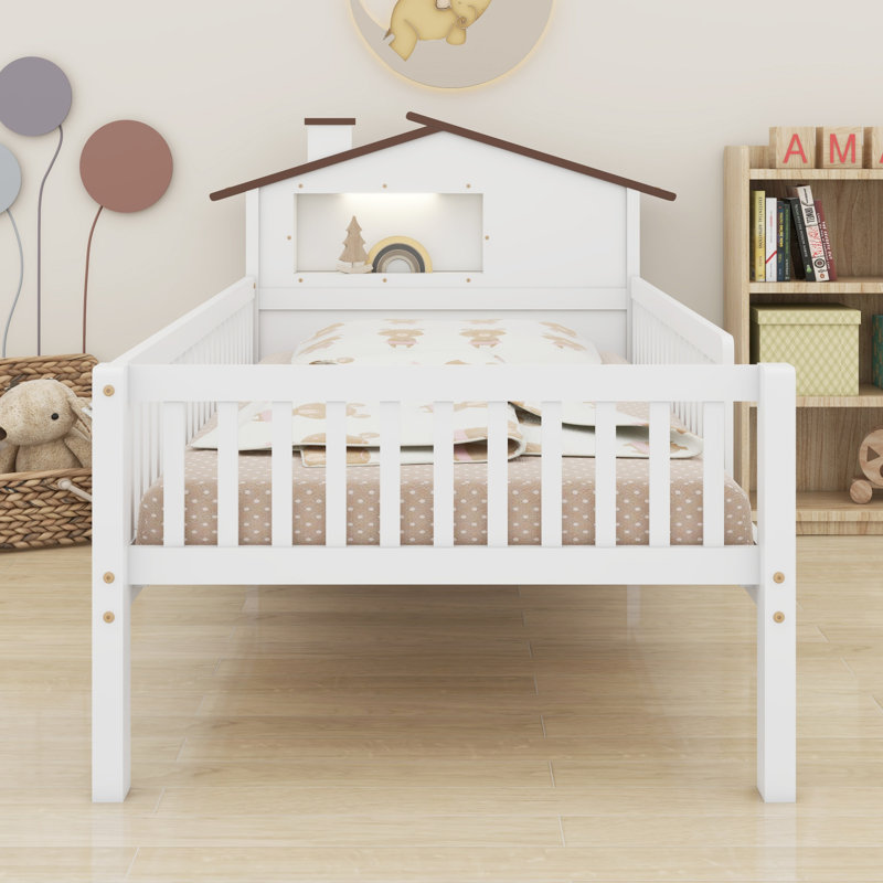 Lit plateforme avec tête de lit en forme de maison, DEL et rangement intégré