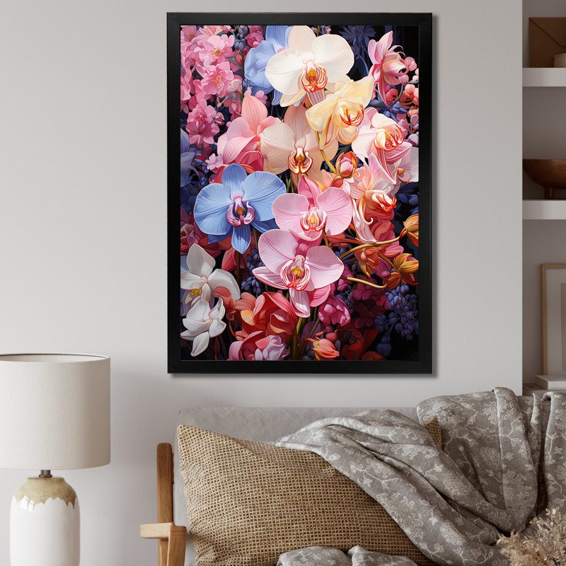 Orchidées roses et blanches sur fond blanc, Cadre photo noir, H 20 po x l 12 po x P 1 po