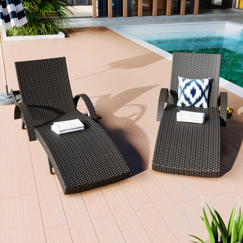 80'' Outdoor Wicker Chaise Lounge Chairs Set of 2 Patio Rattan Reclining Chair Pool Sunbathing Recliners, Black