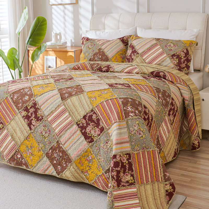 Quilted Patchwork Quilt, King/California King Quilt + 2 King Shams, Brown/Yellow