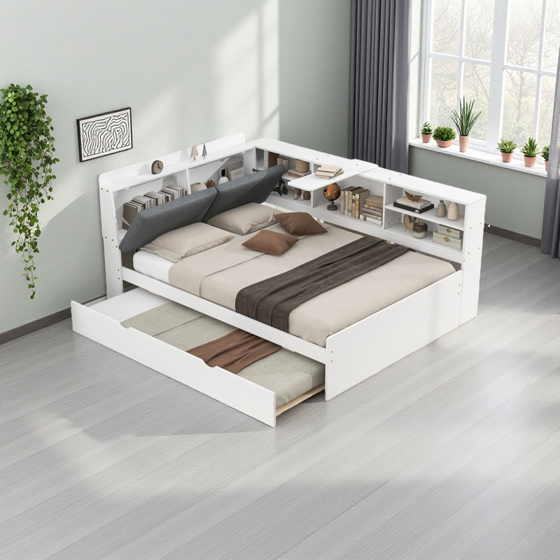 Lit plateforme, tablettes et tête de lit en bois, Blanc / Gris, Double