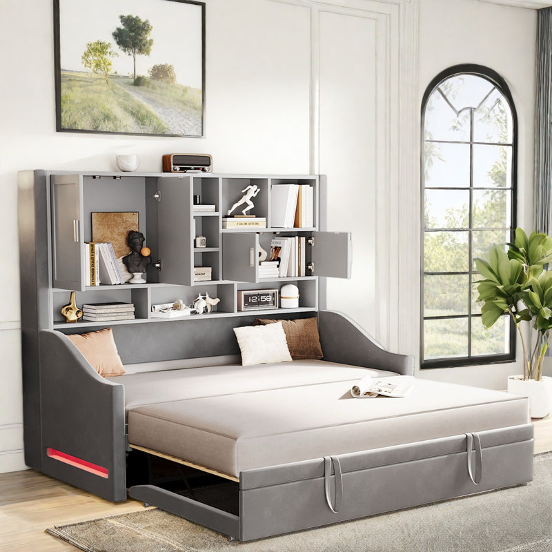 Upholstered Daybed With Led Armrest Lights, Storage Shelves And Cabinets, Gray