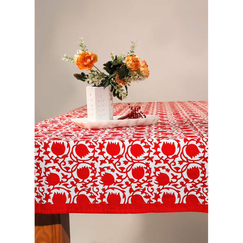 Crimson Bloom Block Print Cotton Tablecloth