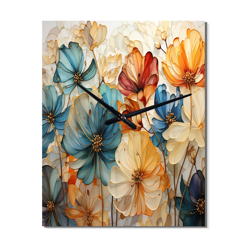 Horloge murale sarcelle pétale orange II - Botanicals abstraits, H 32 po x l 24 po x P 1 po