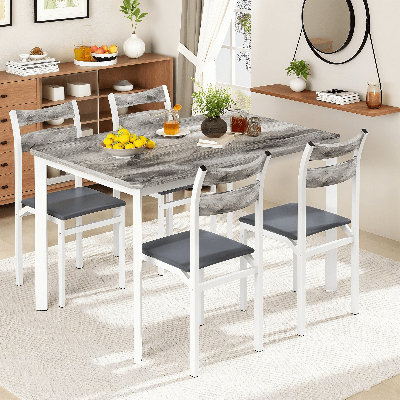 Dining Table Set For 4, 43.3" Kitchen Table And Chairs Set Of 4, 5-Piece Industrious Wood Dining Room Table Set With 4 Upholstered PU Leather Chairs F