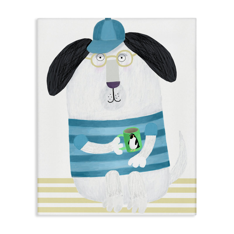 Chien avec une tasse de pingouin, toile par Carla Daly, H 20 po x l 16 po
