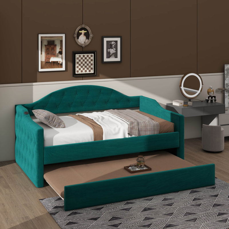 Lit de jour simple capitonné et rembourré avec couchette, canapé-lit en velours avec prise USB et points de charge de type C
