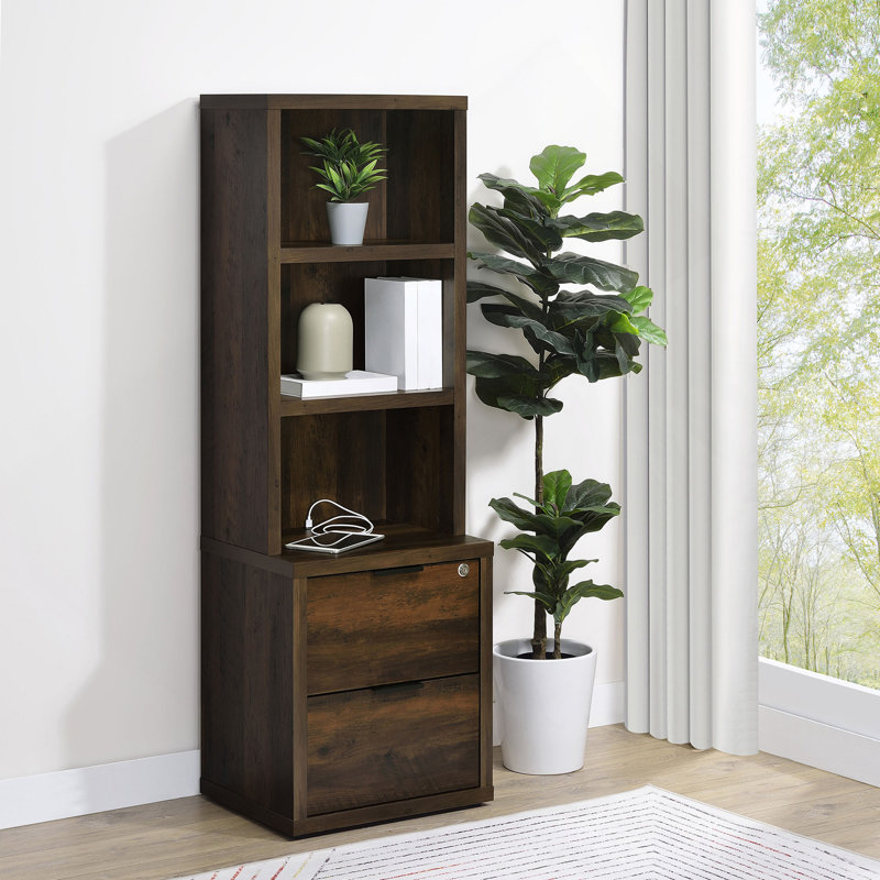 Geary 3-Shelf Bookcase USB And Lockable Drawer, Dark Brown