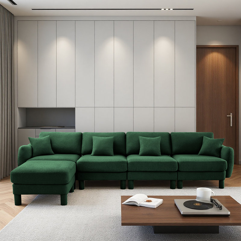 Boucle Fabric Convertible L Shape Sectional 4-Seater Sofa Couch With Distinctive Shell-Shaped Armrests And Removable Ottoman