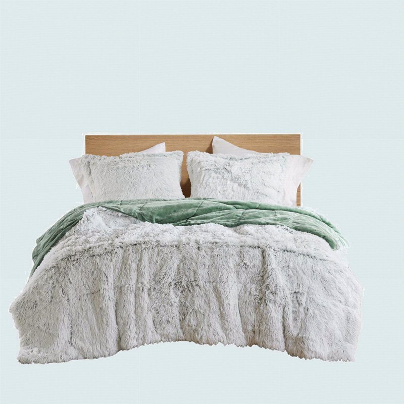 Shaggy Faux Fur Comforter Mini Set, Green/White, Full/Queen Comforter + 2 Additional Pieces
