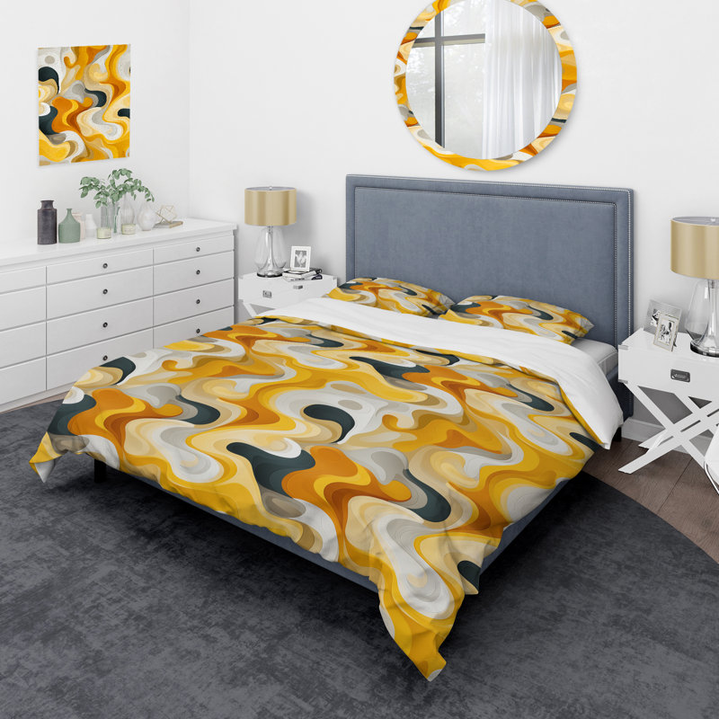 Ensemble de housse de couette abstrait jaune et blanc Mid-Century Waves Fusion II - microfibre de polyester