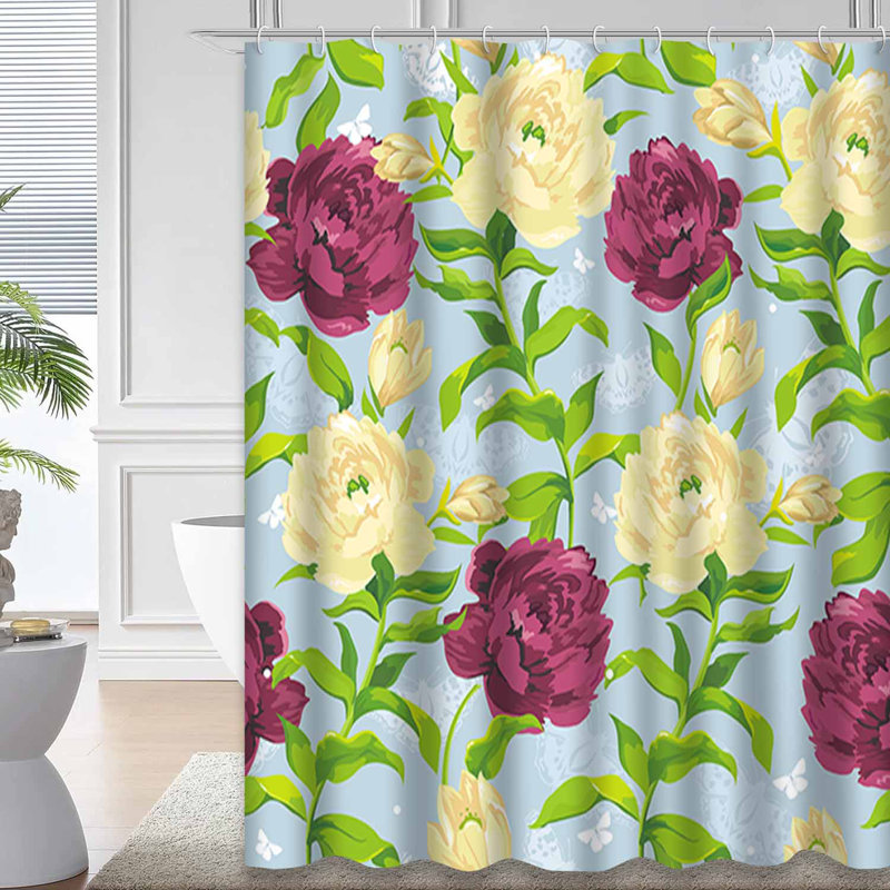 Rideau de douche imperméable avec motif de pivoines et 12 crochets, L 72 po x l 72 po