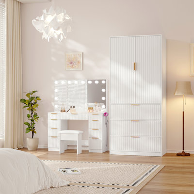 Ensemble de meuble-lavabo avec armoire à 2 portes avec 3 tiroirs, miroir intégré et coiffeuse avec miroir en verre intelligent et 9 tiroirs blanc