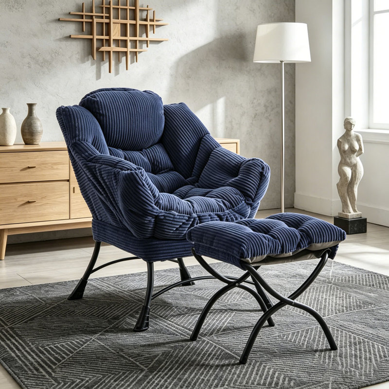 Fauteuil Lazy avec repose-pieds, fauteuil d'appoint moderne avec accoudoirs et poche latérale, Marine