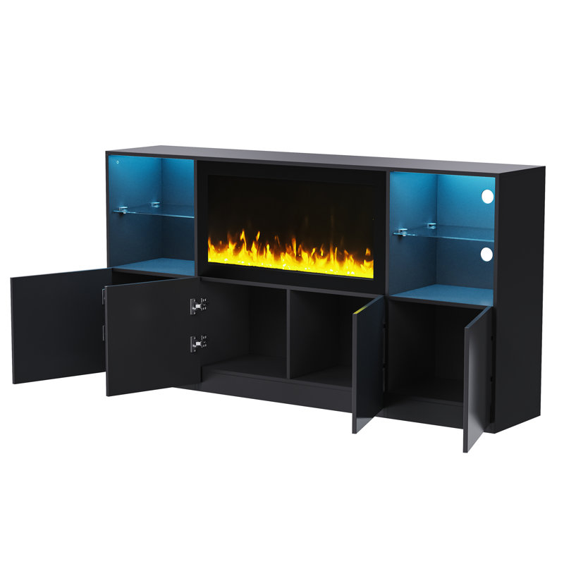 Meuble télé haute brillance avec foyer électrique non chauffant de 34,2 po, centre de divertissement moderne avec éclairage DEL, console multimédia avec tablettes en verre trempé pour téléviseur de 75 po ou moins, salon