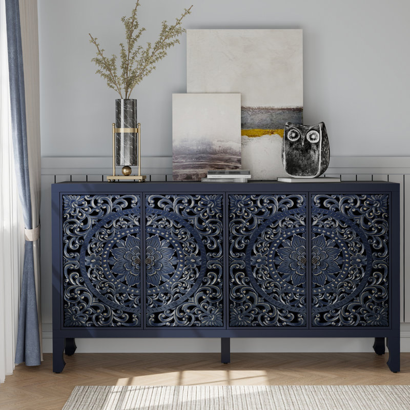 Carved Sideboard with Door and Solid Wood Legs, 32.3" H x 59.1" W x 15.8" D, Blue