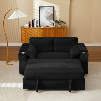 Convertible Black Loveseat Sleeper Sofa With Storage, USB Port, And Cup Holders For Modern Living