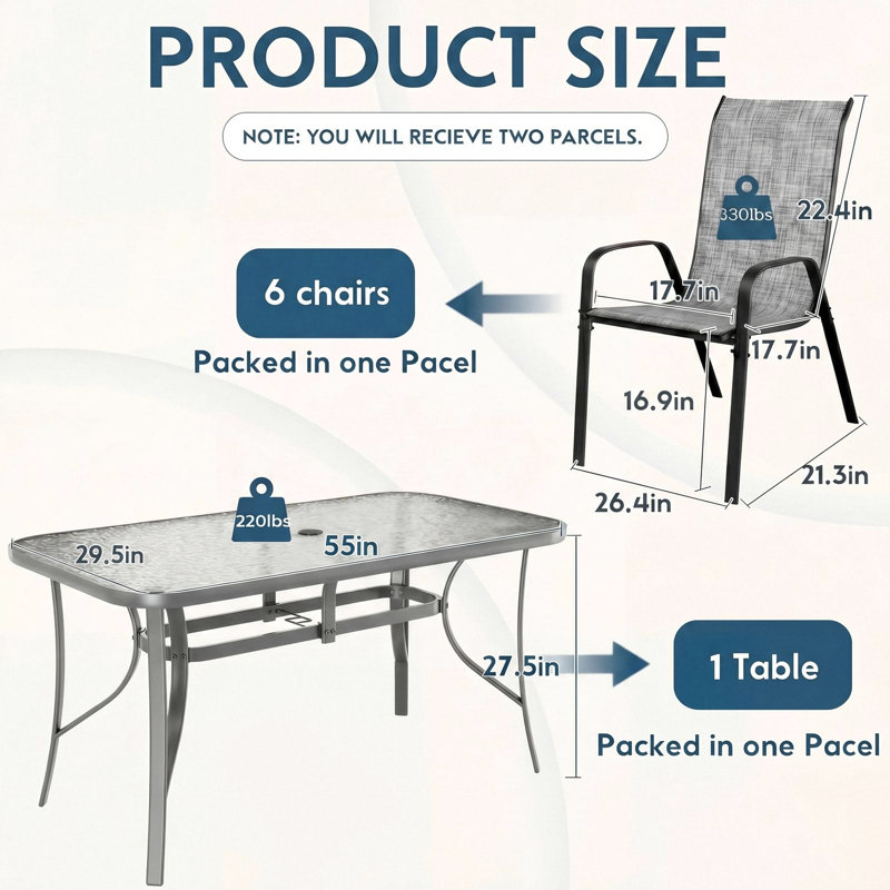 Patio Dining Set For 6, Outdoor Table And Chairs With 1.69'' Umbrella Hole, All Weather Patio Furniture Set, 30"X 55" Table And Stackable Pvc-Coated Polyester Chair, For Lawn, Deck (Umbrella Not Included)(Gray Table & Gray Chairs )
