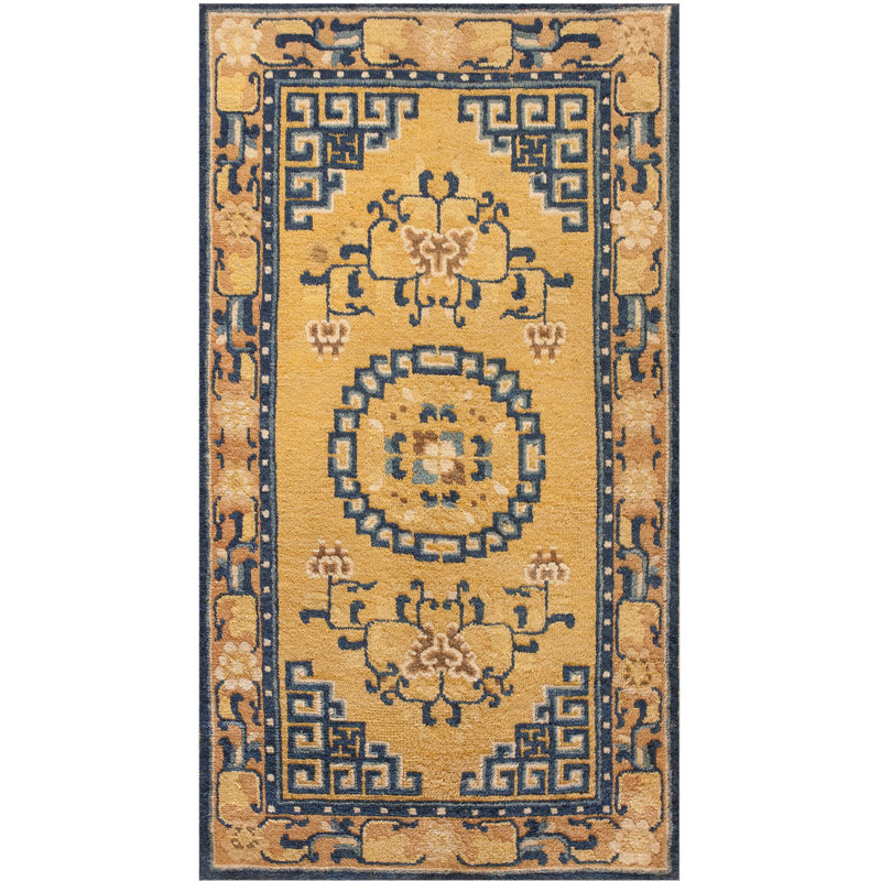Antique Ningxia Chinese Medallion Yellow 1800s Rug