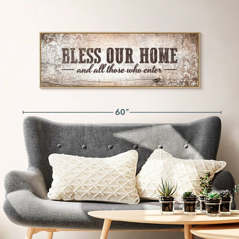Plaque murale «Bless Our Home», Cadre flottant en bois naturel, 43 po x 15 po