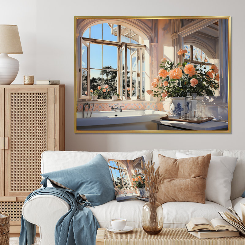 " Bathroom Sunlit Morning II ", 16" H x 32" W x 1" D, Gold Floater Framed