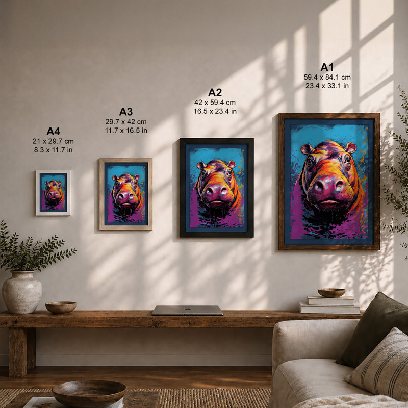 Neon Hippo Modern - Print, A4 - 29.7 x 21.0 cm, Walnut