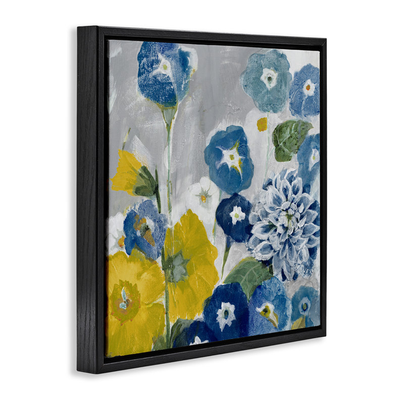 Coquelicots abstraits bleus et jaunes, Cadre flottant noir de jais, H 25 po x l 25 po