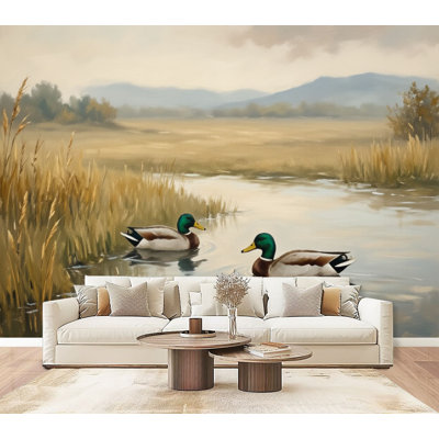 Peel and Stick Wallpaper Serene Marshland Landscape Two Ducks Swimming Calm Water Wall Murals 69"H x 96"W Removable PVC Wall Paper Self-Adhesive Wall Decor for Bedroom Living Room Home Office