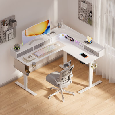 63" Height Adjustable L Shaped Standing Desk with 3 Drawers and Monitor Shelf, Electric Corner Comupter Desk, Sit Stand up Home Office Desk, Ergonomic Gaming Desk, Oak