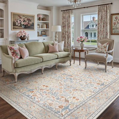 Machine Washable Floral Area Rug With Non-Slip Backing
