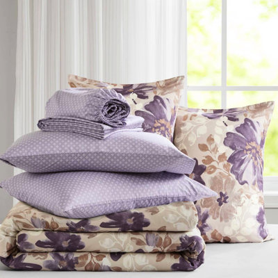 Grand lit floral dans un sac avec édredon et draps taupe, 2 taies décoratives, 1 drap plat, taies d'oreiller ajustées, rembourrage, aquarelle, drap lavable à la machine, couleur, imprimé